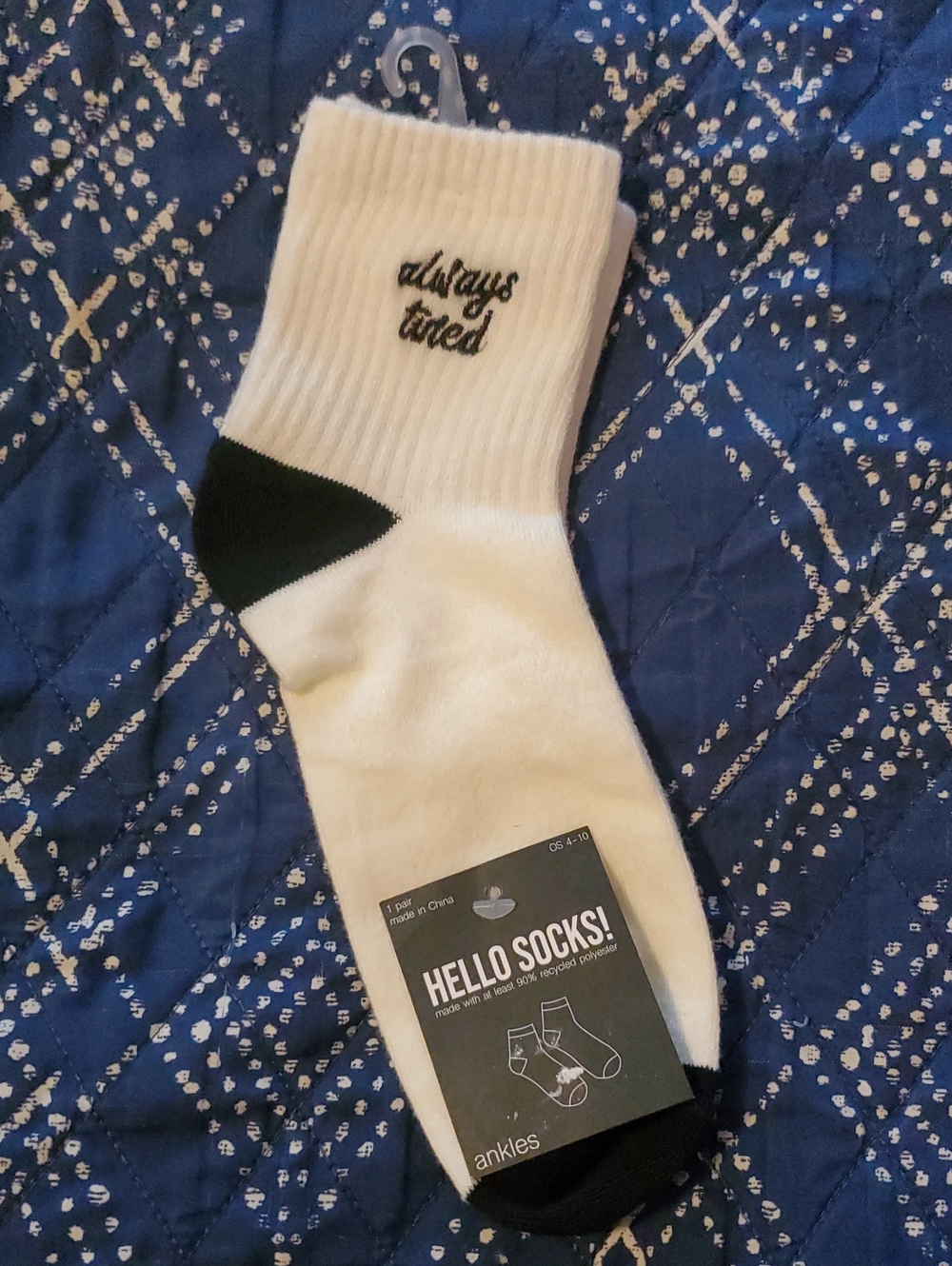 "Always Tired" Embroidered White Ankle Socks with Black Heel & Toe